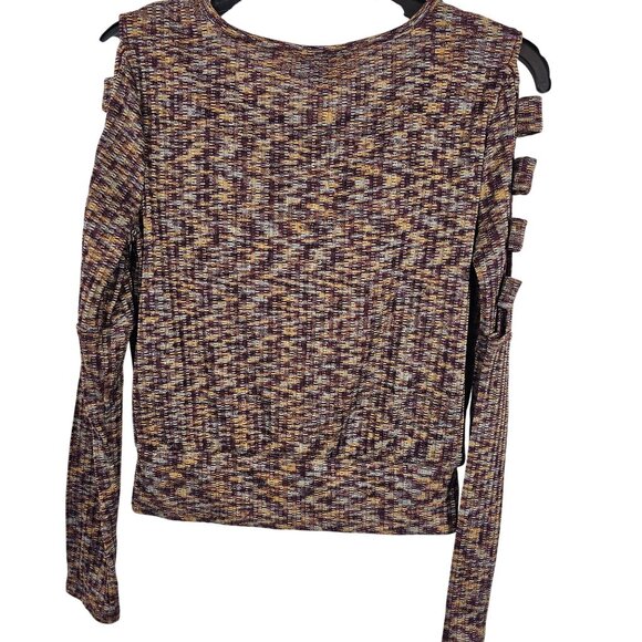Womens SM Brown Purple Knit Cold Shoulder Y2K Retro Whimsigoth Sweater Top - Picture 2 of 11